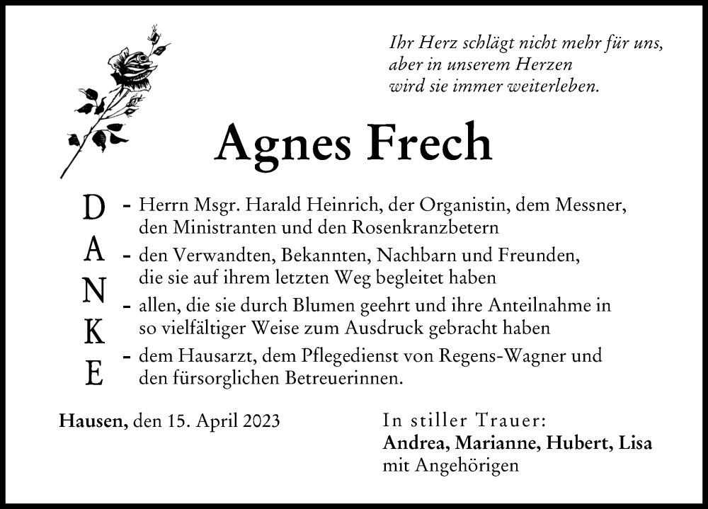  Traueranzeige für Agnes Frech vom 15.04.2023 aus Donau Zeitung