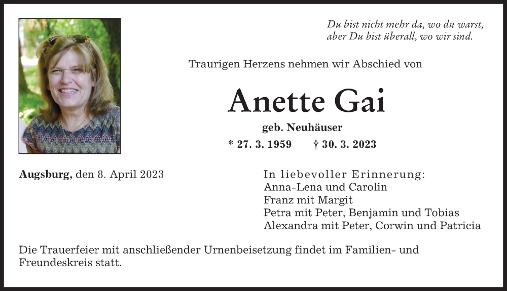  Traueranzeige für Anette Gai vom 08.04.2023 aus Augsburger Allgemeine