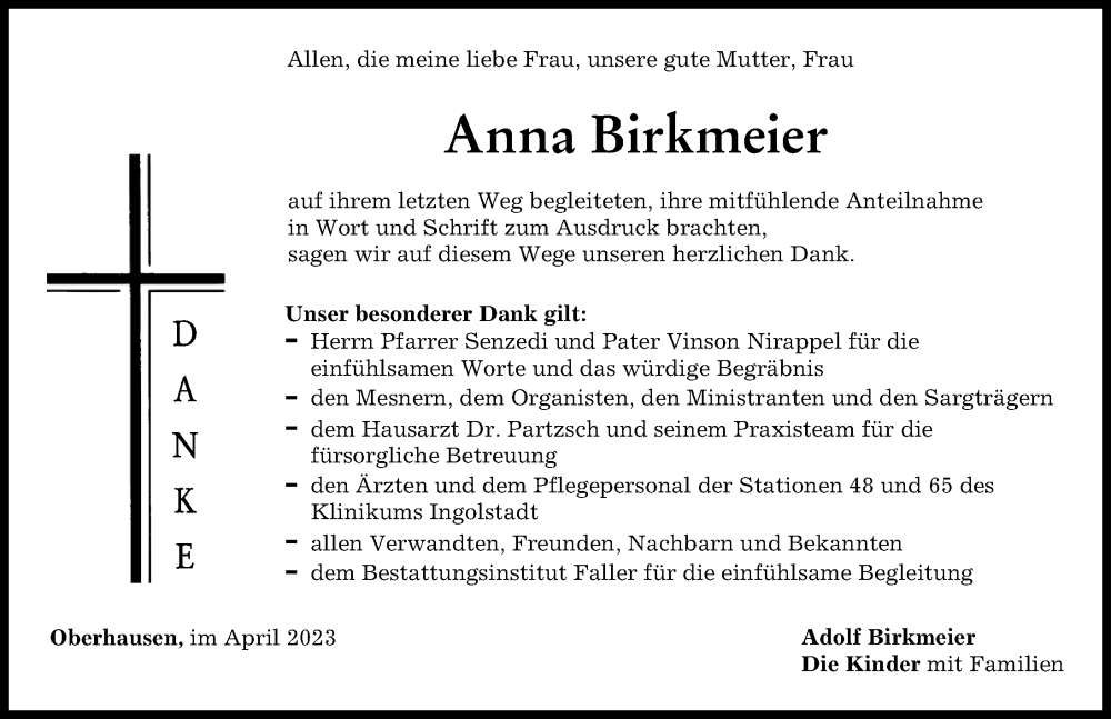  Traueranzeige für Anna Birkmeier vom 15.04.2023 aus Neuburger Rundschau