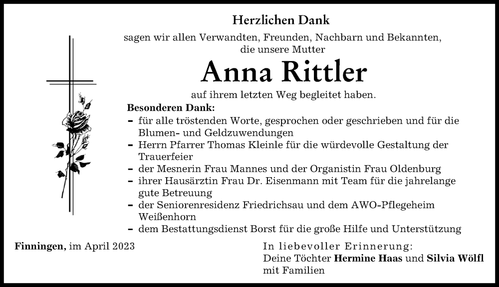  Traueranzeige für Anna Rittler vom 03.04.2023 aus Neu-Ulmer Zeitung