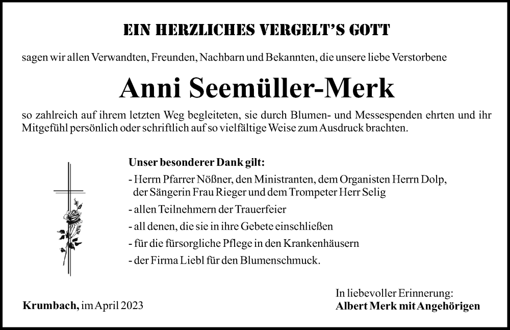 Traueranzeige von Anni Seemüller-Merk von Mittelschwäbische Nachrichten