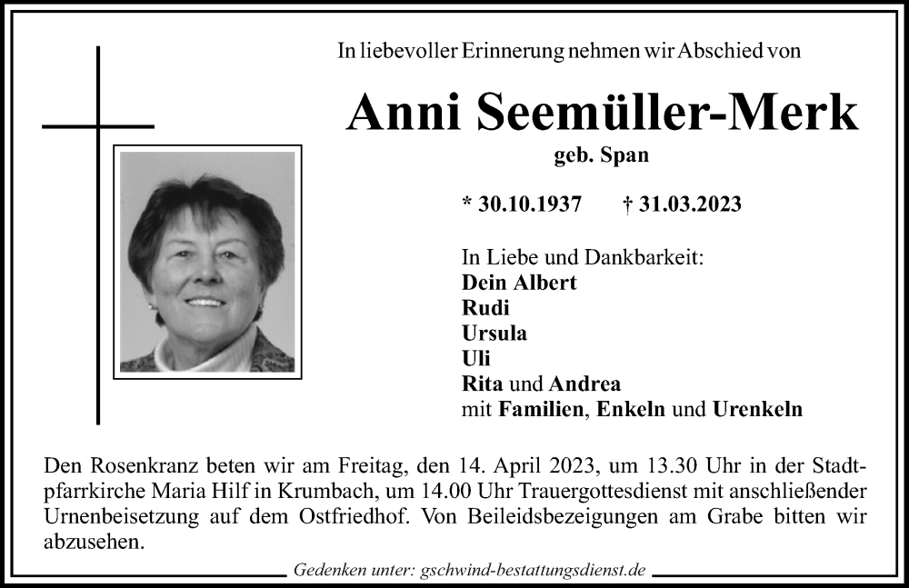 Traueranzeige von Anni Seemüller-Merk von Mittelschwäbische Nachrichten