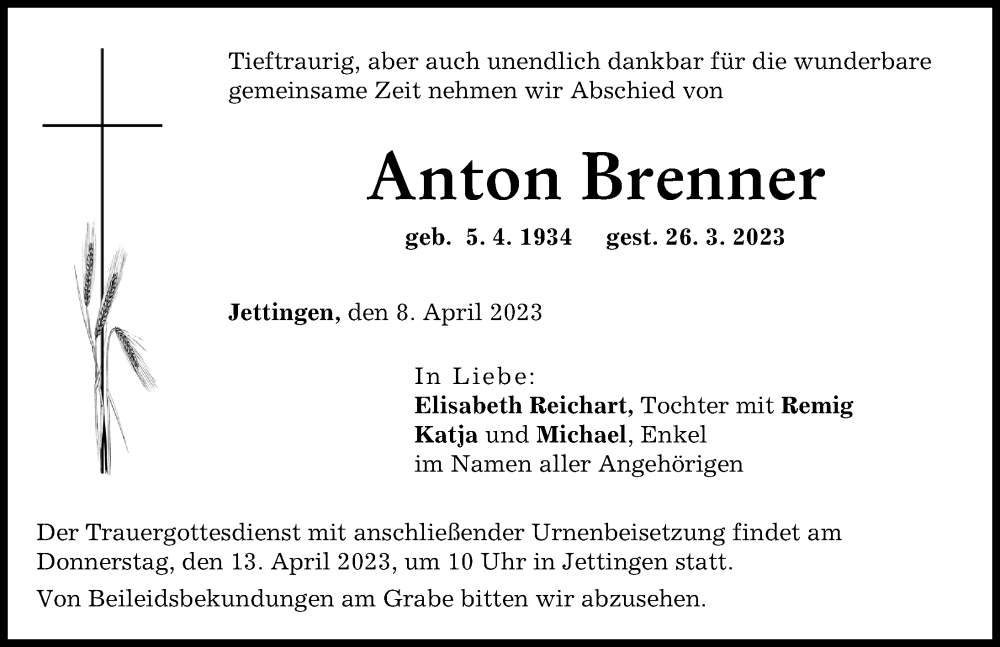 Traueranzeige von Anton Brenner von Günzburger Zeitung