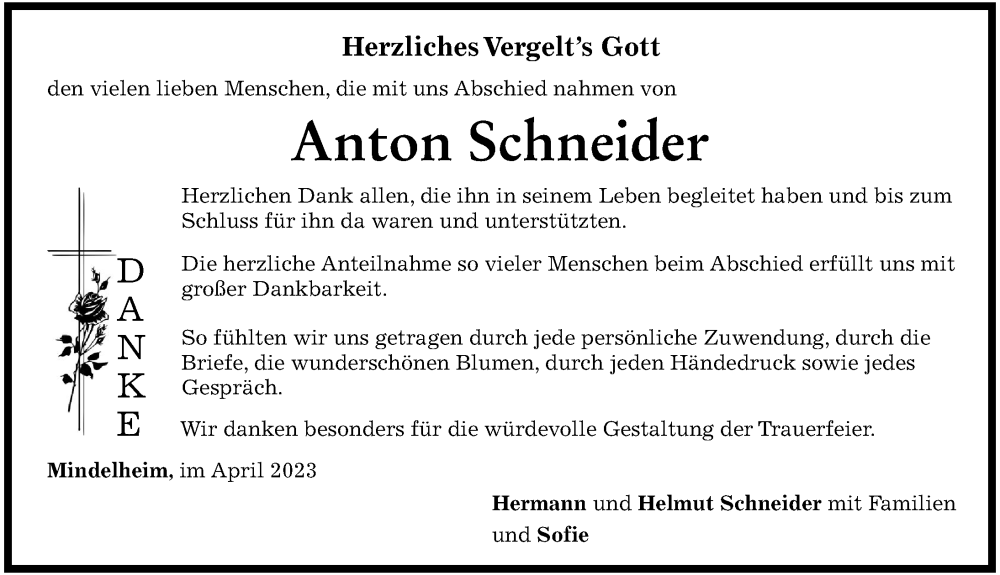  Traueranzeige für Anton Schneider vom 08.04.2023 aus Mindelheimer Zeitung