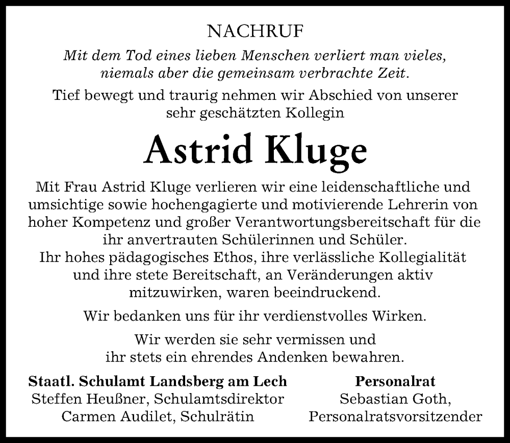 Traueranzeige von Astrid Kluge von Landsberger Tagblatt