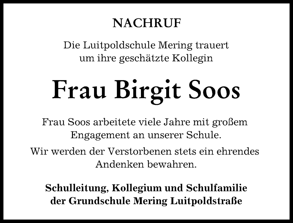 Traueranzeige von Birgit Soos von Friedberger Allgemeine