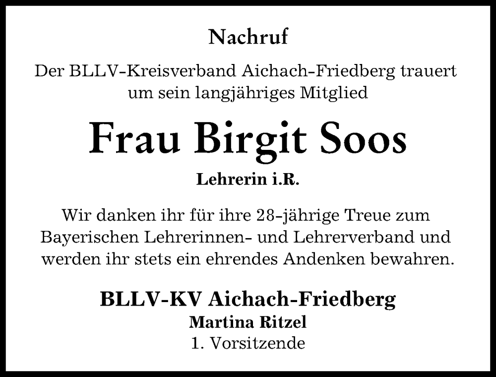 Traueranzeige von Birgit Soos von Friedberger Allgemeine