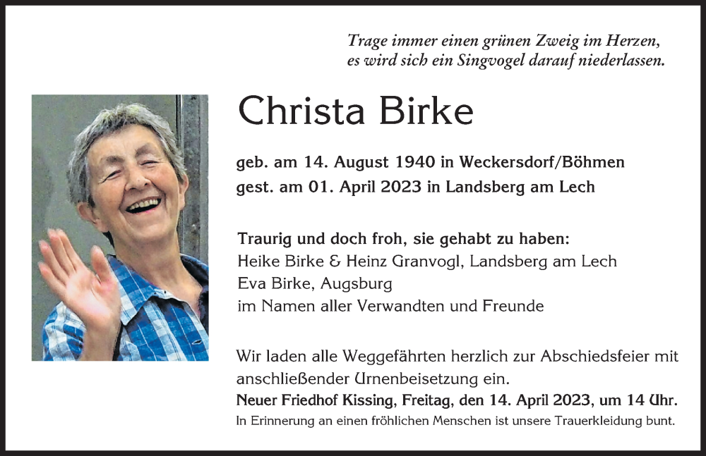 Traueranzeige von Christa Birke von Landsberger Tagblatt, Friedberger Allgemeine