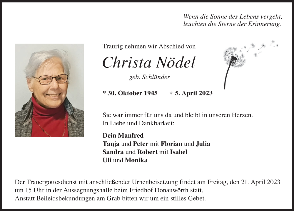 Traueranzeige von Christa Nödel von Donauwörther Zeitung