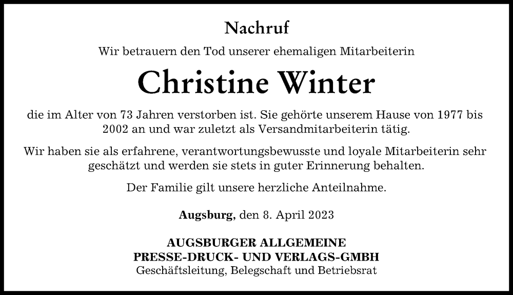 Traueranzeige von Christine Winter von Augsburger Allgemeine