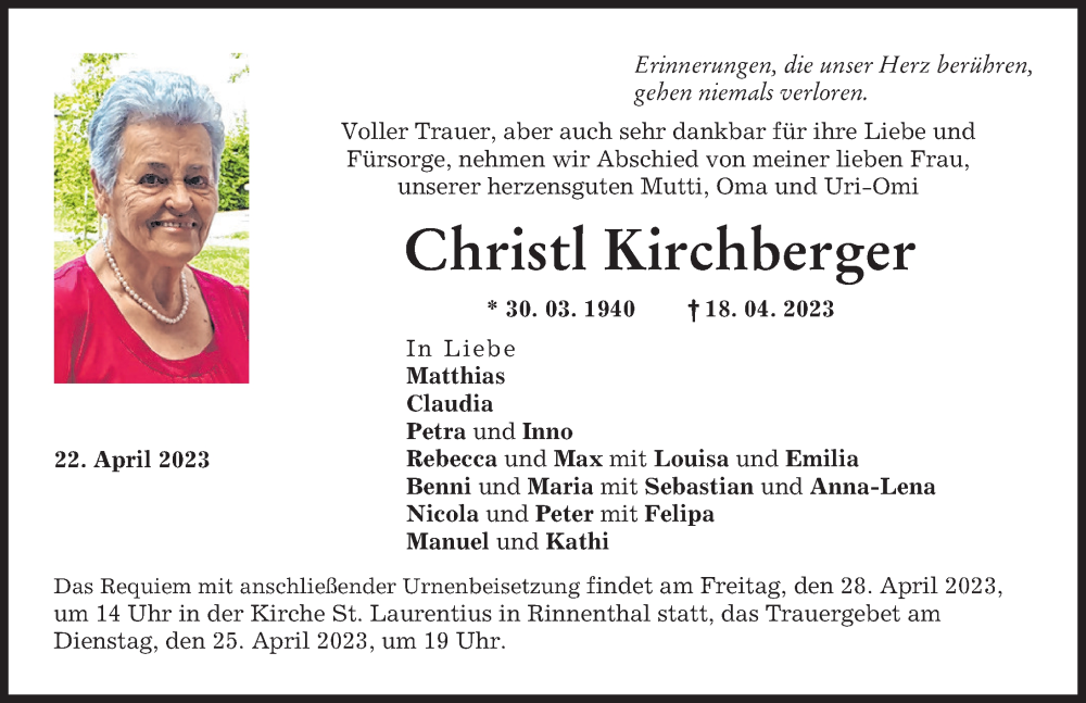Traueranzeige von Christl Kirchberger von Friedberger Allgemeine
