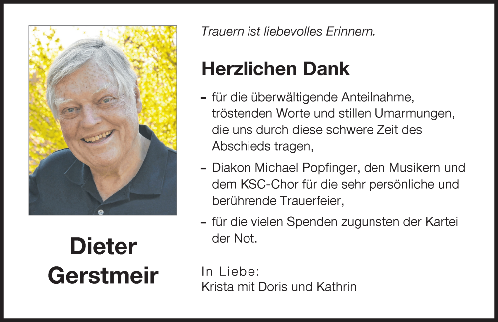  Traueranzeige für Dieter Gerstmeir vom 15.04.2023 aus Augsburger Allgemeine