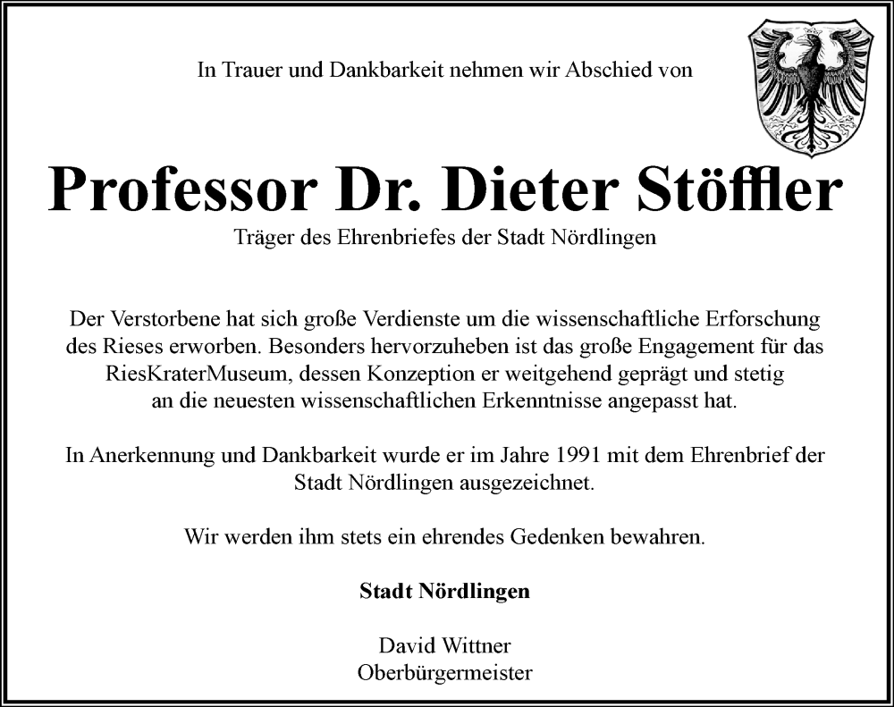  Traueranzeige für Dieter Stöffler vom 15.04.2023 aus Rieser Nachrichten