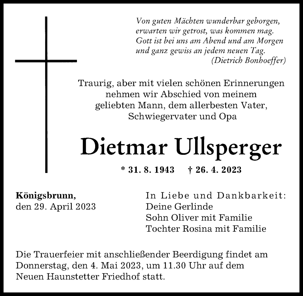 Traueranzeigen Von Dietmar Ullsperger | Augsburger Allgemeine Zeitung