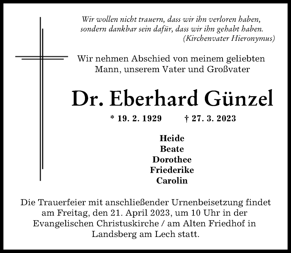 Traueranzeige von Eberhard Günzel von Landsberger Tagblatt