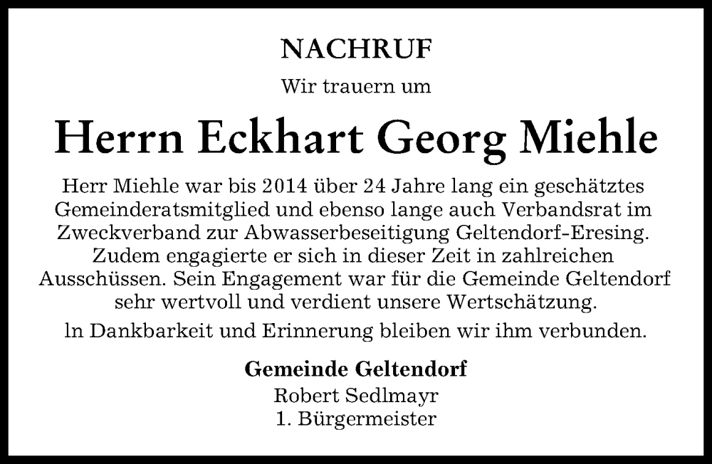 Traueranzeige von Eckhart Georg Miehle von Landsberger Tagblatt