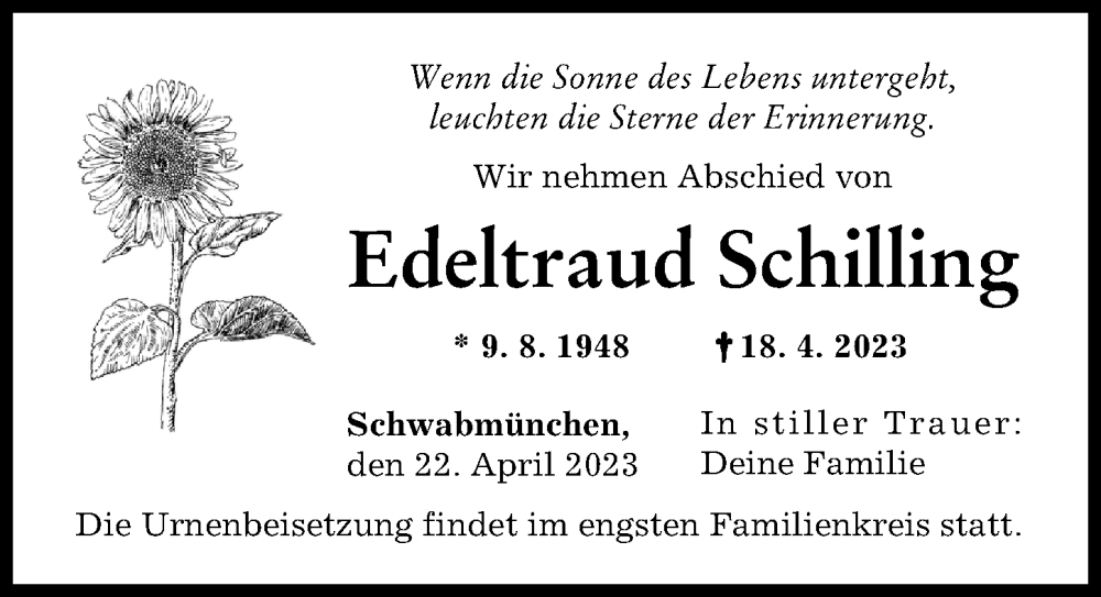 Traueranzeige von Edeltraud Schilling von Schwabmünchner Allgemeine