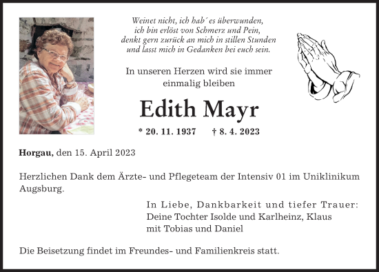 Traueranzeigen Von Edith Mayr Augsburger Allgemeine Zeitung