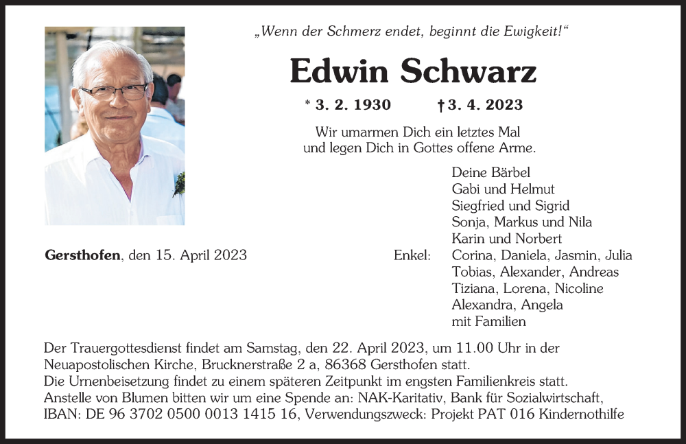  Traueranzeige für Edwin Schwarz vom 15.04.2023 aus Augsburger Allgemeine