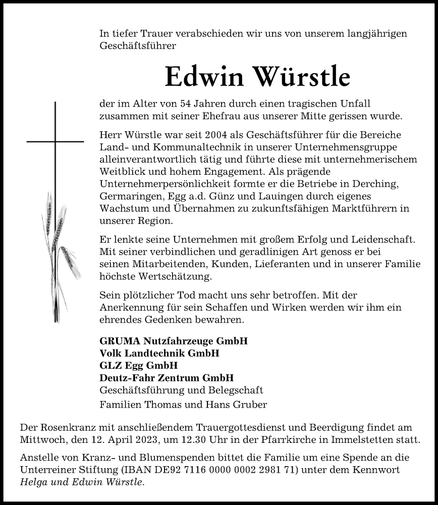  Traueranzeige für Edwin Würstle vom 08.04.2023 aus Augsburger Allgemeine, Mindelheimer Zeitung