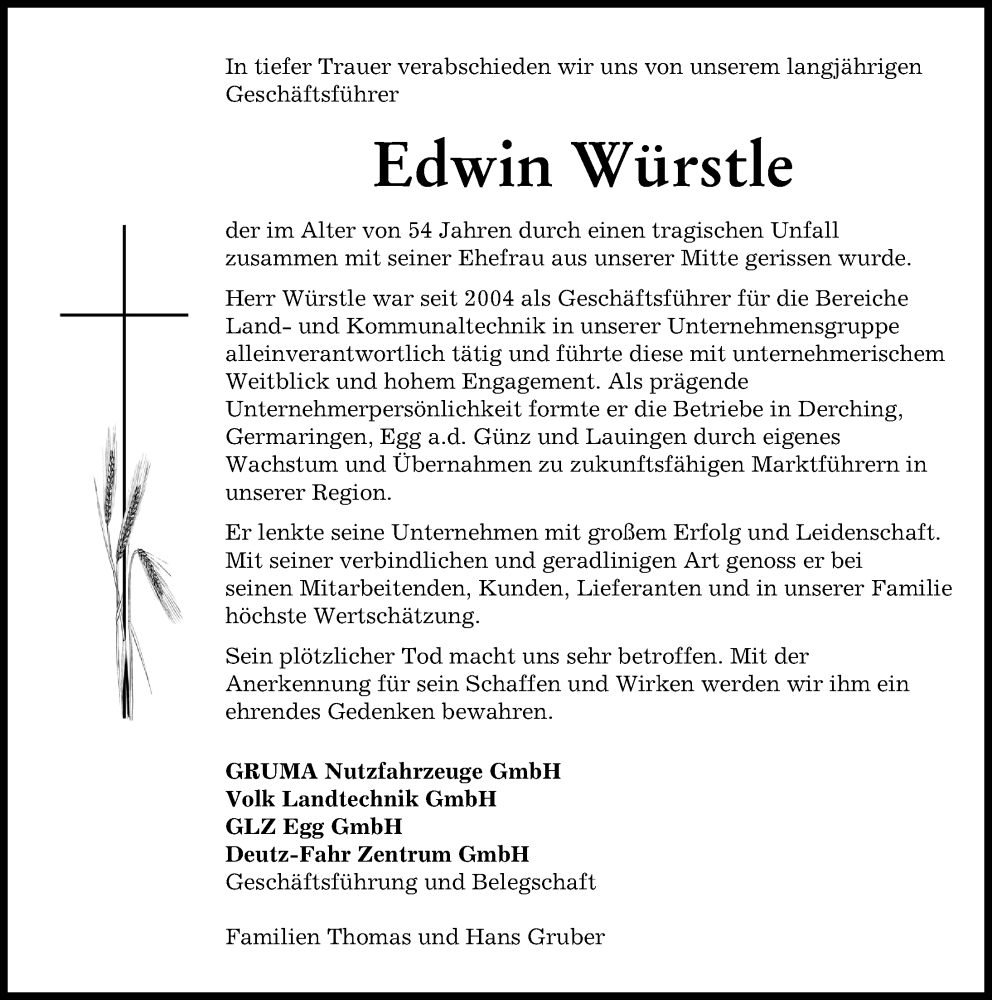 Traueranzeige von Edwin Würstle von Mindelheimer Zeitung
