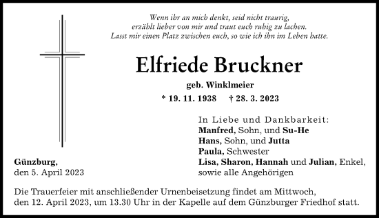 Traueranzeige von Elfriede Bruckner von Günzburger Zeitung