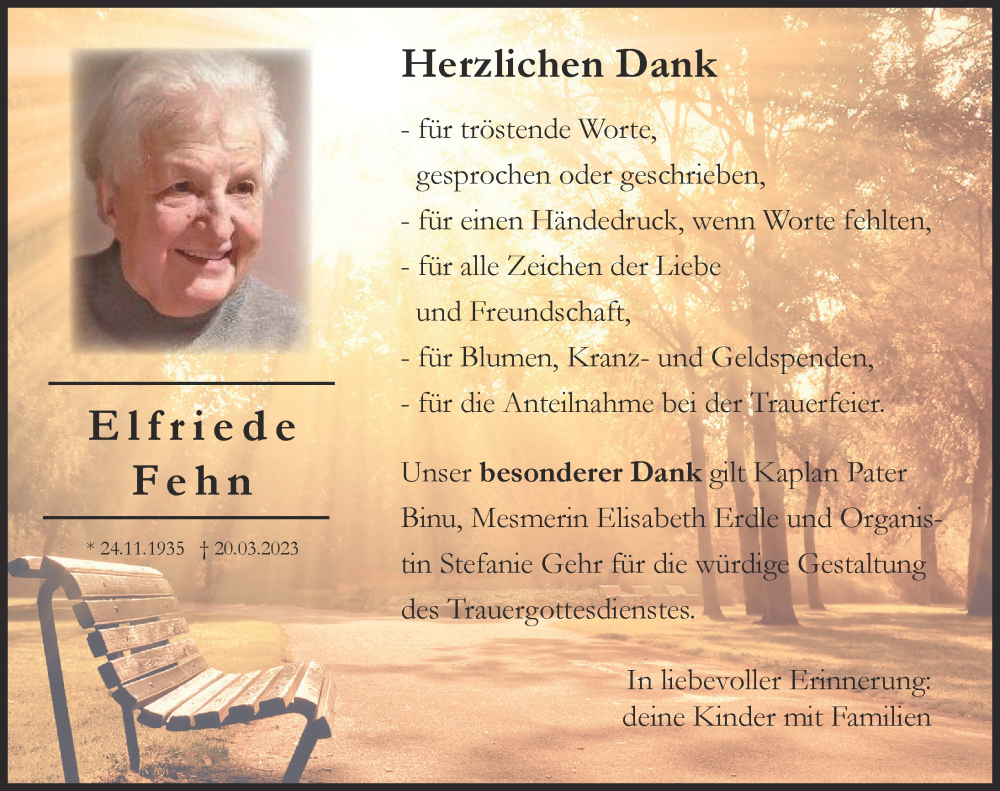  Traueranzeige für Elfriede Fehn vom 06.04.2023 aus Günzburger Zeitung