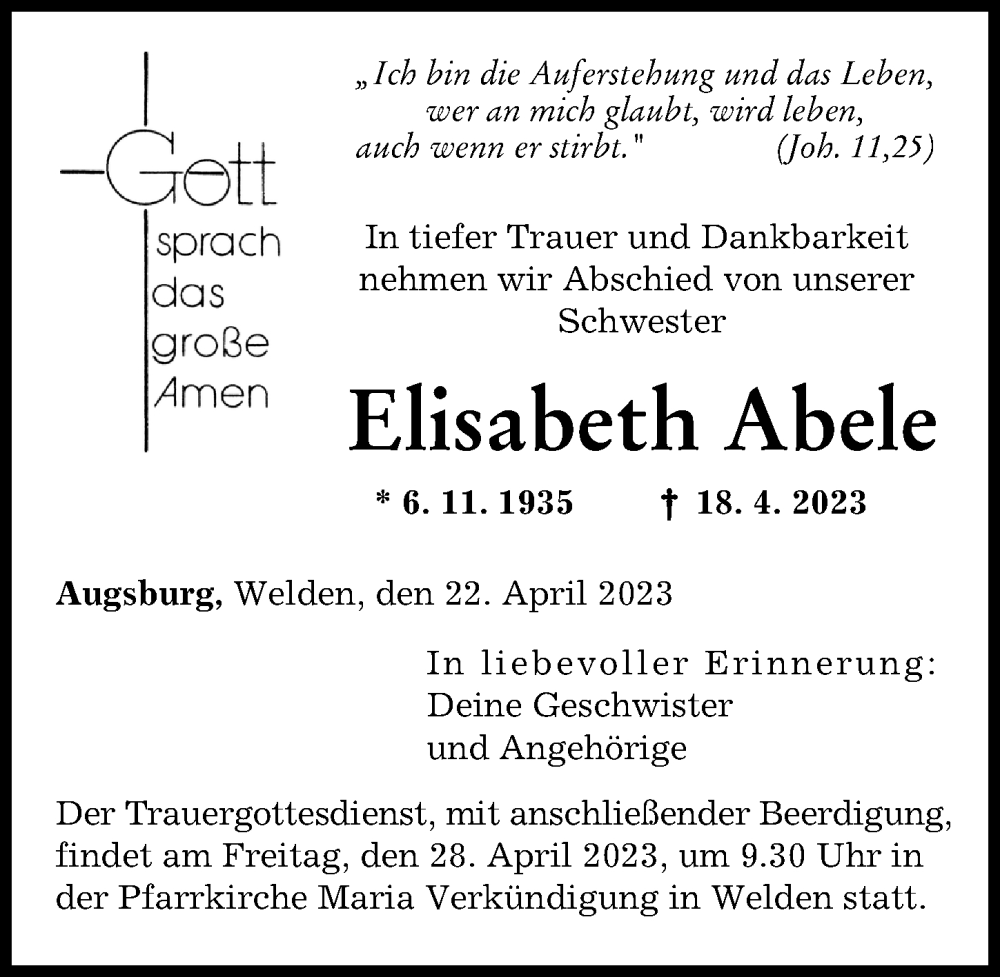 Traueranzeigen Von Elisabeth Abele | Augsburger Allgemeine Zeitung