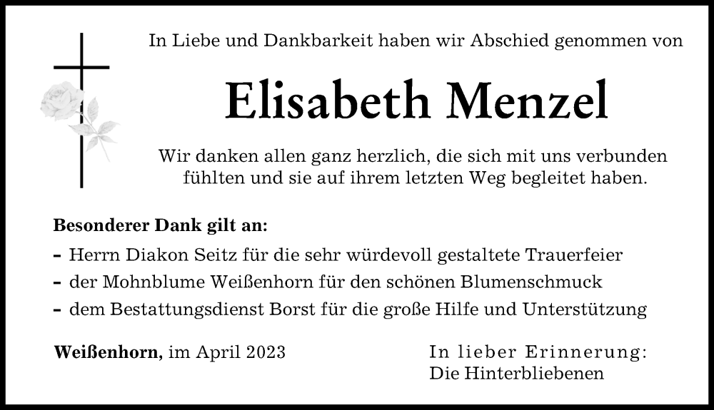  Traueranzeige für Elisabeth Menzel vom 05.04.2023 aus Neu-Ulmer Zeitung