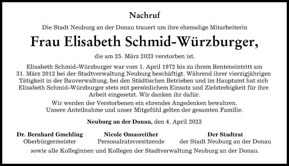 Traueranzeige von Elisabeth Schmid-Würzburger von Neuburger Rundschau