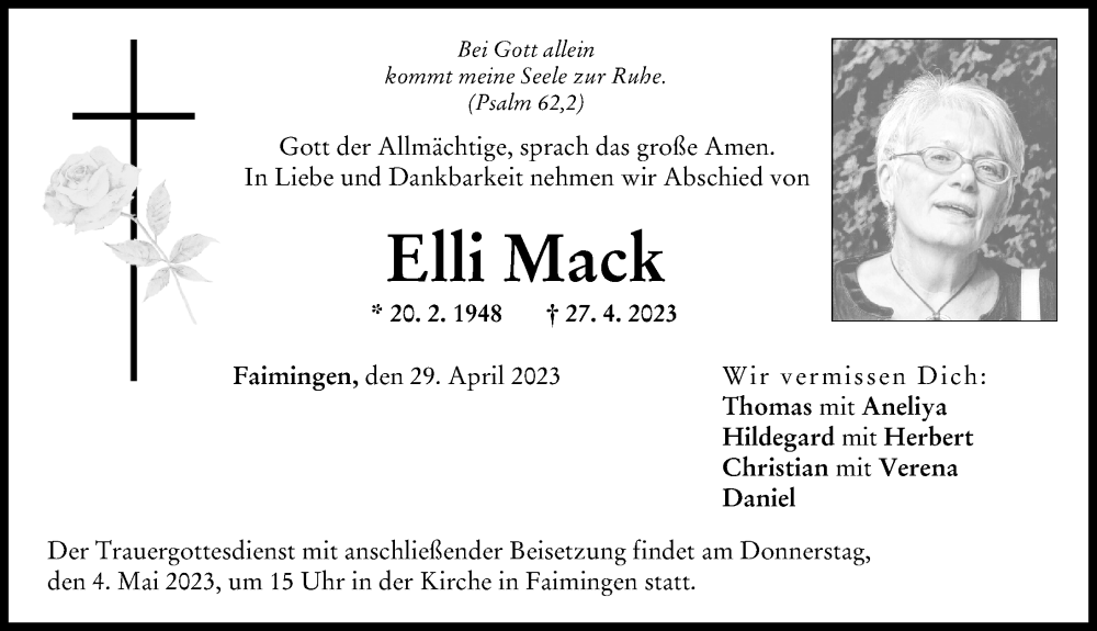  Traueranzeige für Elli Mack vom 29.04.2023 aus Donau Zeitung