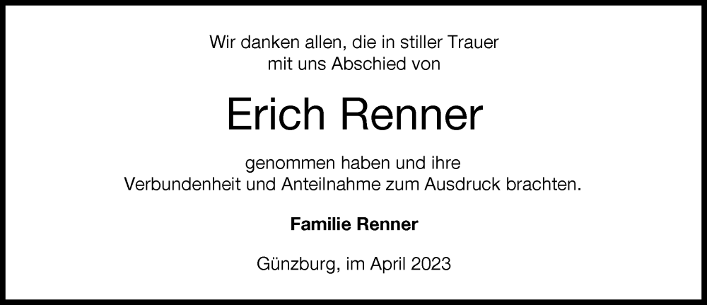 Traueranzeige von Erich Renner von Günzburger Zeitung