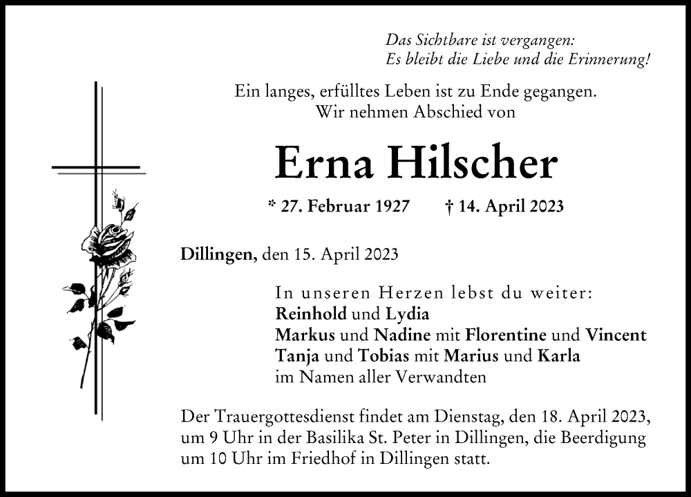 Traueranzeige von Erna Hilscher von Donau Zeitung