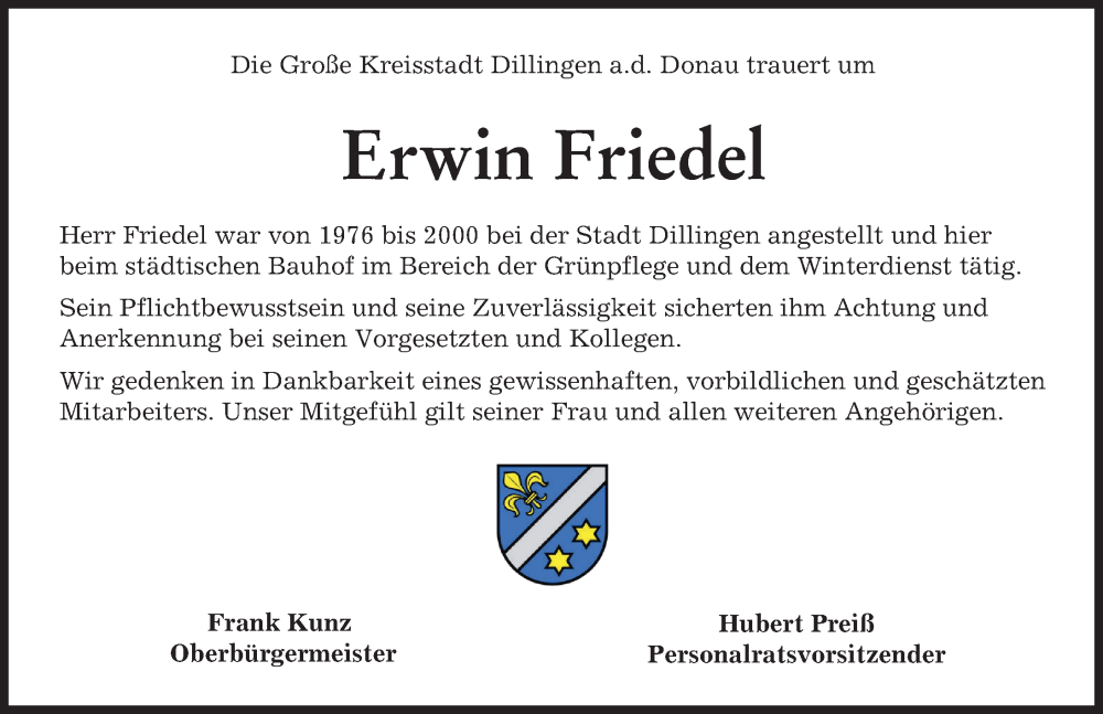 Traueranzeige von Erwin Friedel von Donau Zeitung