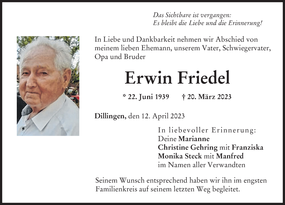 Traueranzeige von Erwin Friedel von Donau Zeitung