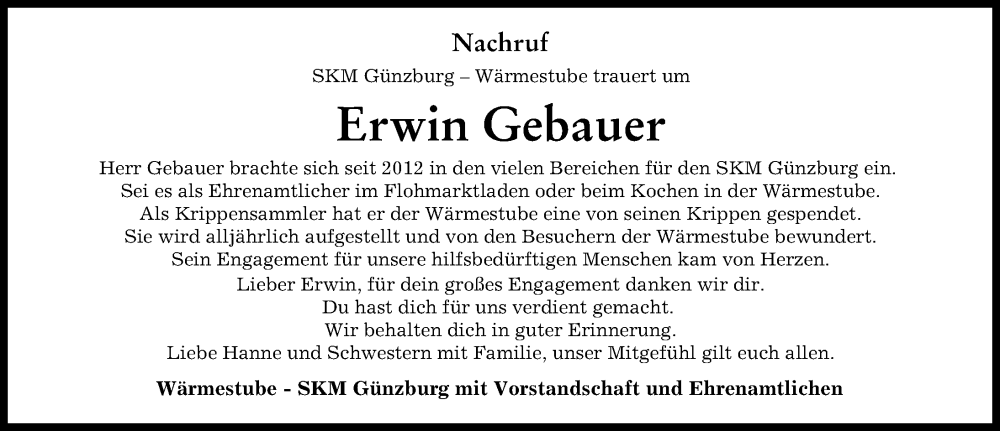  Traueranzeige für Erwin Gebauer vom 26.04.2023 aus Günzburger Zeitung