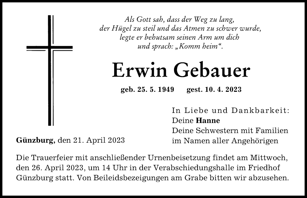  Traueranzeige für Erwin Gebauer vom 21.04.2023 aus Günzburger Zeitung