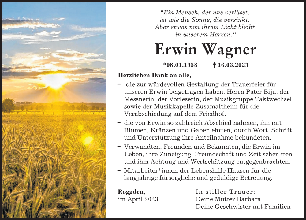  Traueranzeige für Erwin Wagner vom 15.04.2023 aus Wertinger Zeitung, Donau Zeitung