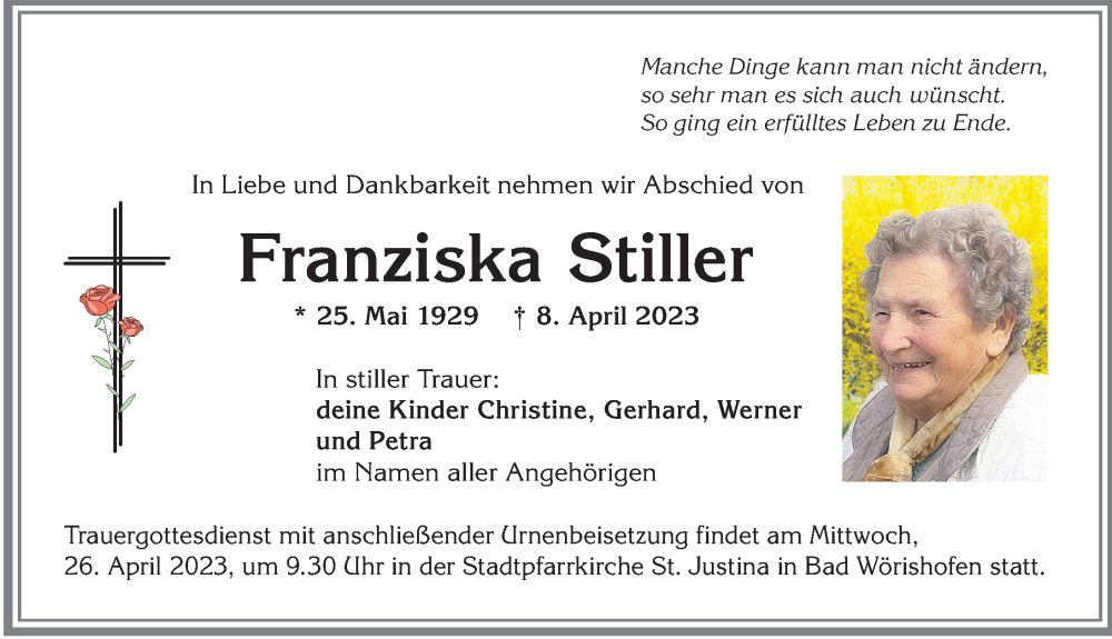 Traueranzeige von Franziska Stiller von Mindelheimer Zeitung