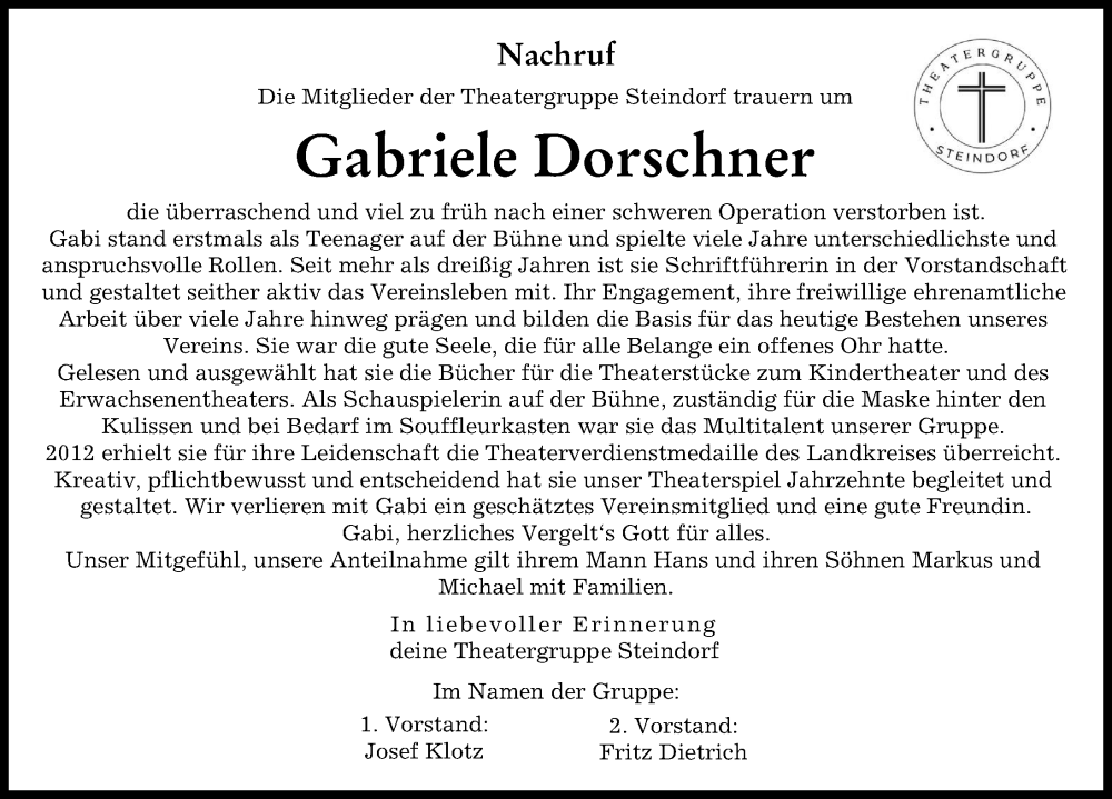 Traueranzeige von Gabriele Dorschner von Friedberger Allgemeine