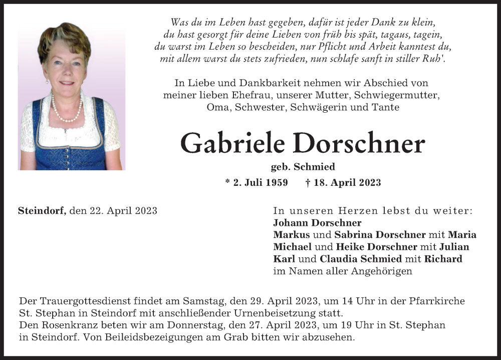 Traueranzeige von Gabriele Dorschner von Friedberger Allgemeine