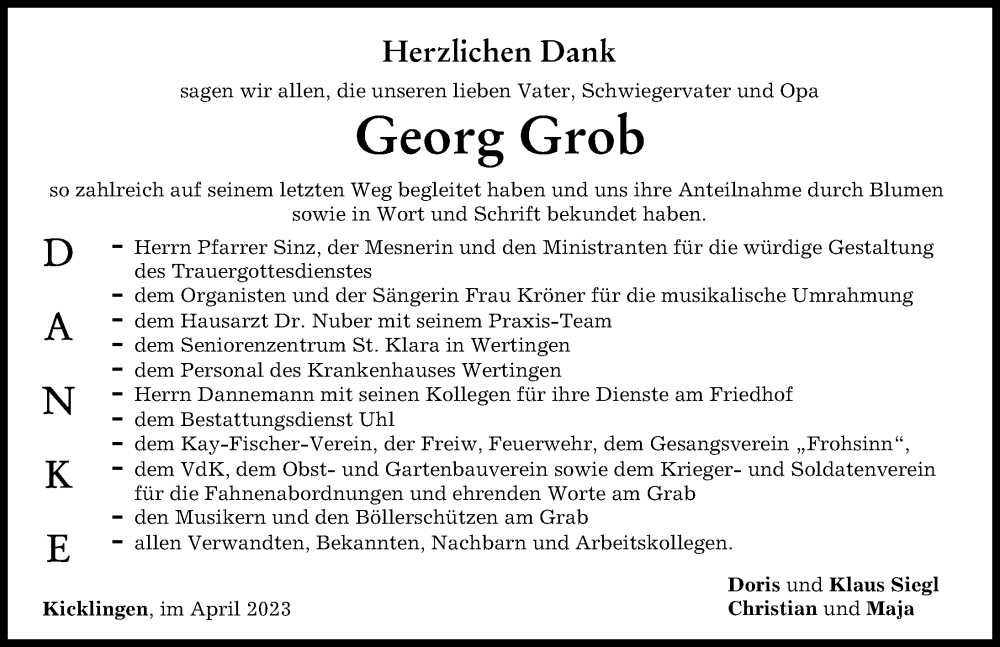  Traueranzeige für Georg Grob vom 05.04.2023 aus Donau Zeitung