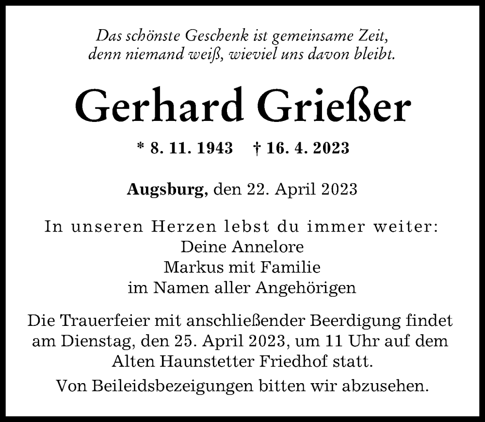  Traueranzeige für Gerhard Grießer vom 22.04.2023 aus Augsburger Allgemeine