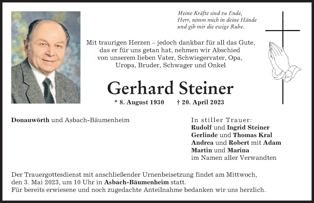 Traueranzeige von Gerhard Steiner von Donauwörther Zeitung