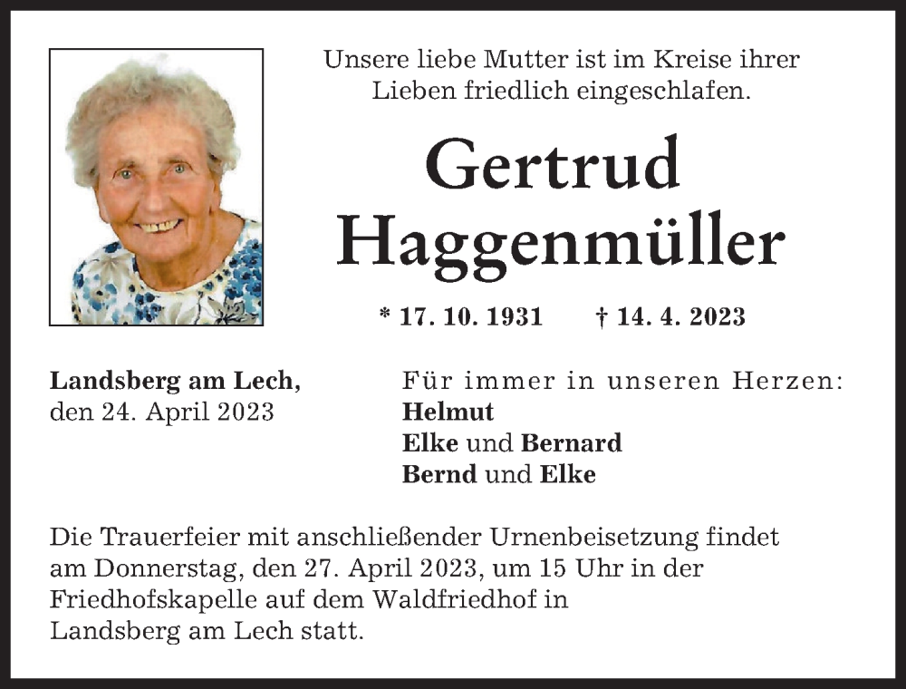 Traueranzeige von Gertrud Haggenmüller von Landsberger Tagblatt