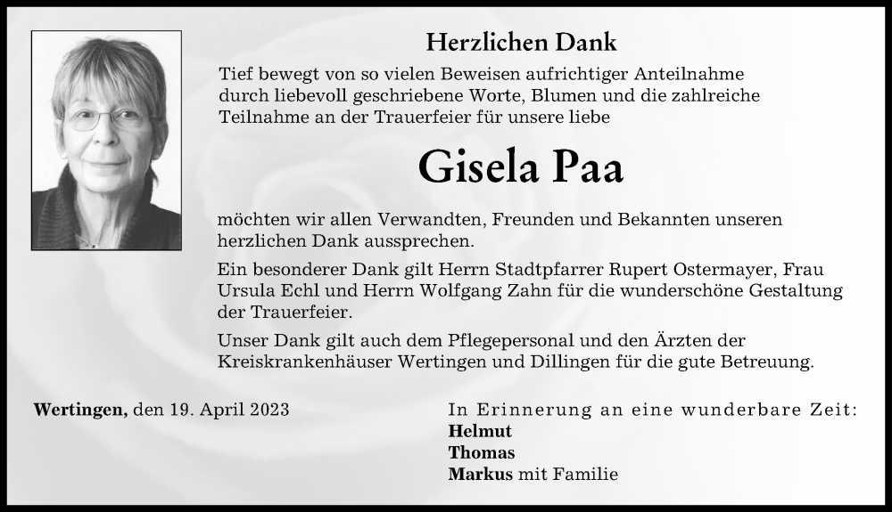 Traueranzeigen Von Gisela Paa Augsburger Allgemeine Zeitung