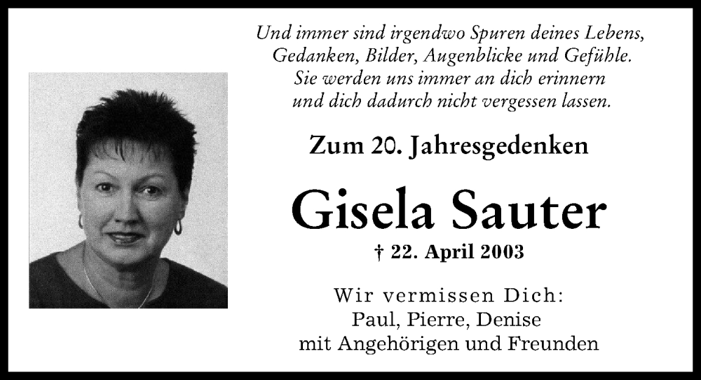 Traueranzeigen Von Gisela Sauter Augsburger Allgemeine Zeitung