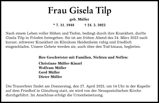 Traueranzeige von Gisela Tilp von Günzburger Zeitung