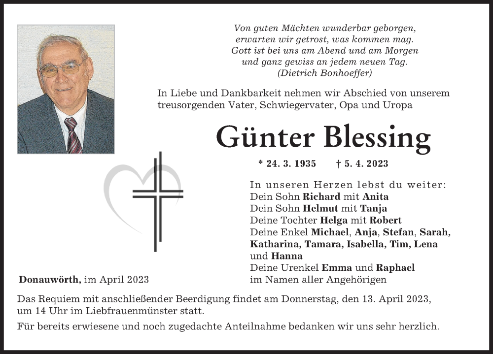 Traueranzeige von Günter Blessing von Donauwörther Zeitung