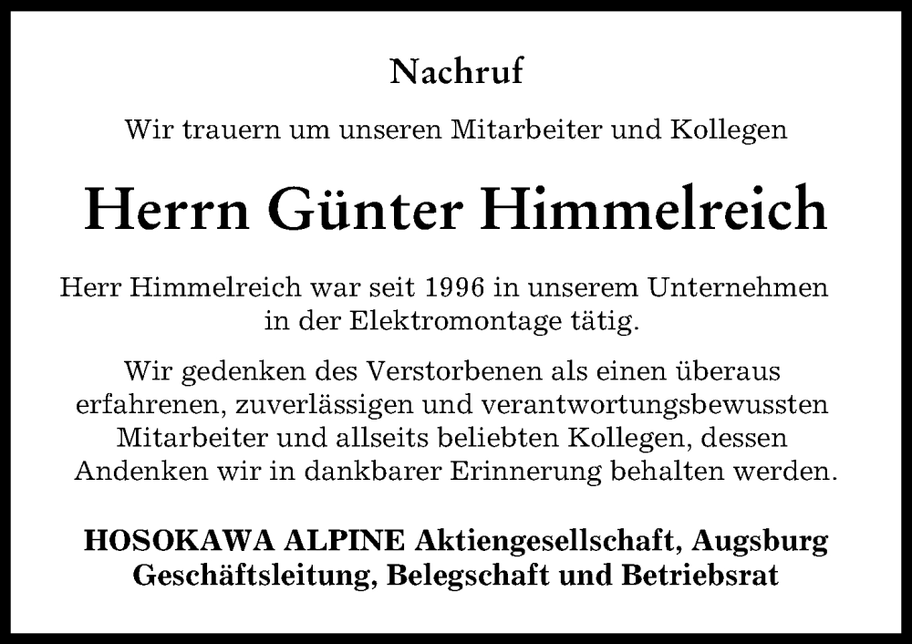 Traueranzeige von Günter Himmelreich von Augsburger Allgemeine